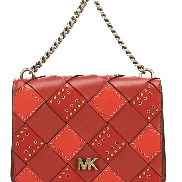 Michael Kors Women's Red Woven Leather Studded Mott Top Handle Bag - Picture 13 of 13